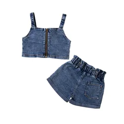 kid hip pop jeans skirt set Korean fashion two piece of taddle shorts suit soft Breathable Girls set kids solid dress