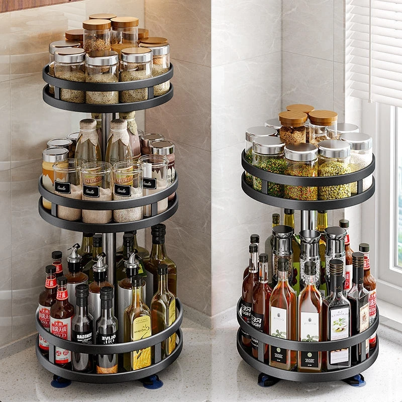 Stainless steel 360 degree rotating adjustable shelf 3 layer storage spice tank rack