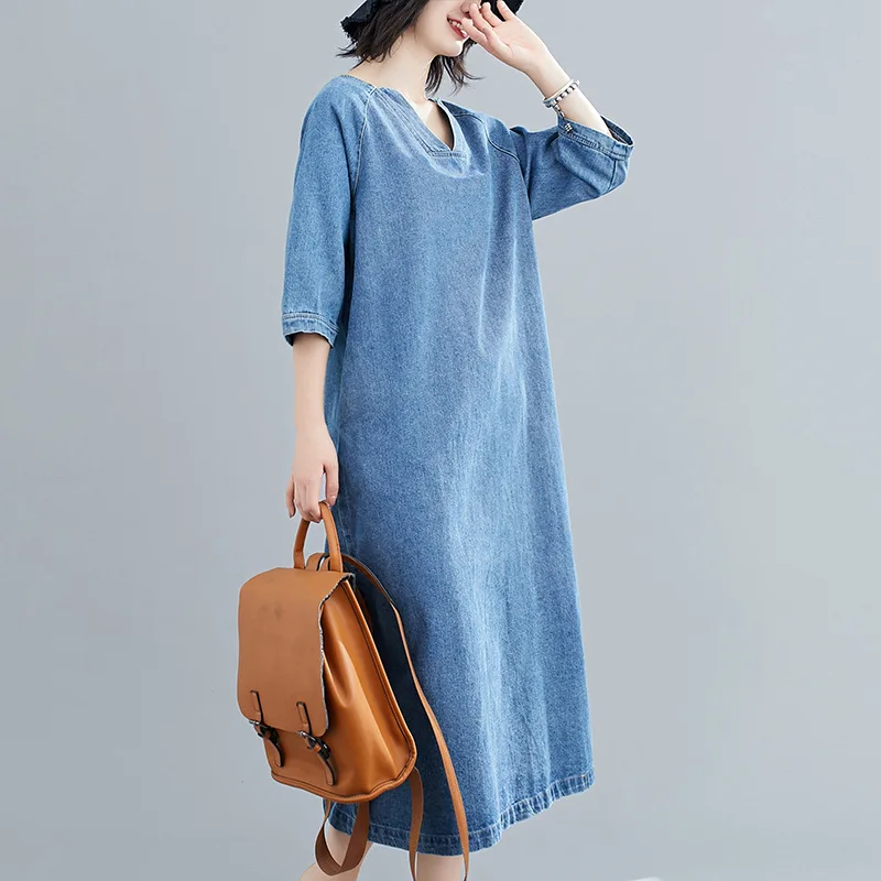 Wholesale Blue A-Line Loose Half Short Sleeve Solid Casual V Neck Fashion Long Cotton Denim Maxi Dress Women Slits With Pockets