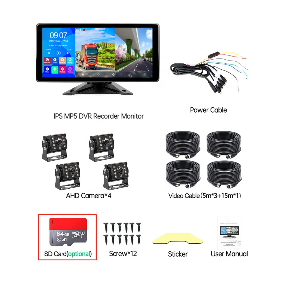 9V-36V 4 Channel Car Monitor Bus Truck Waterproof Black Box Night Vision AHD Camera and 4K Car Monitor