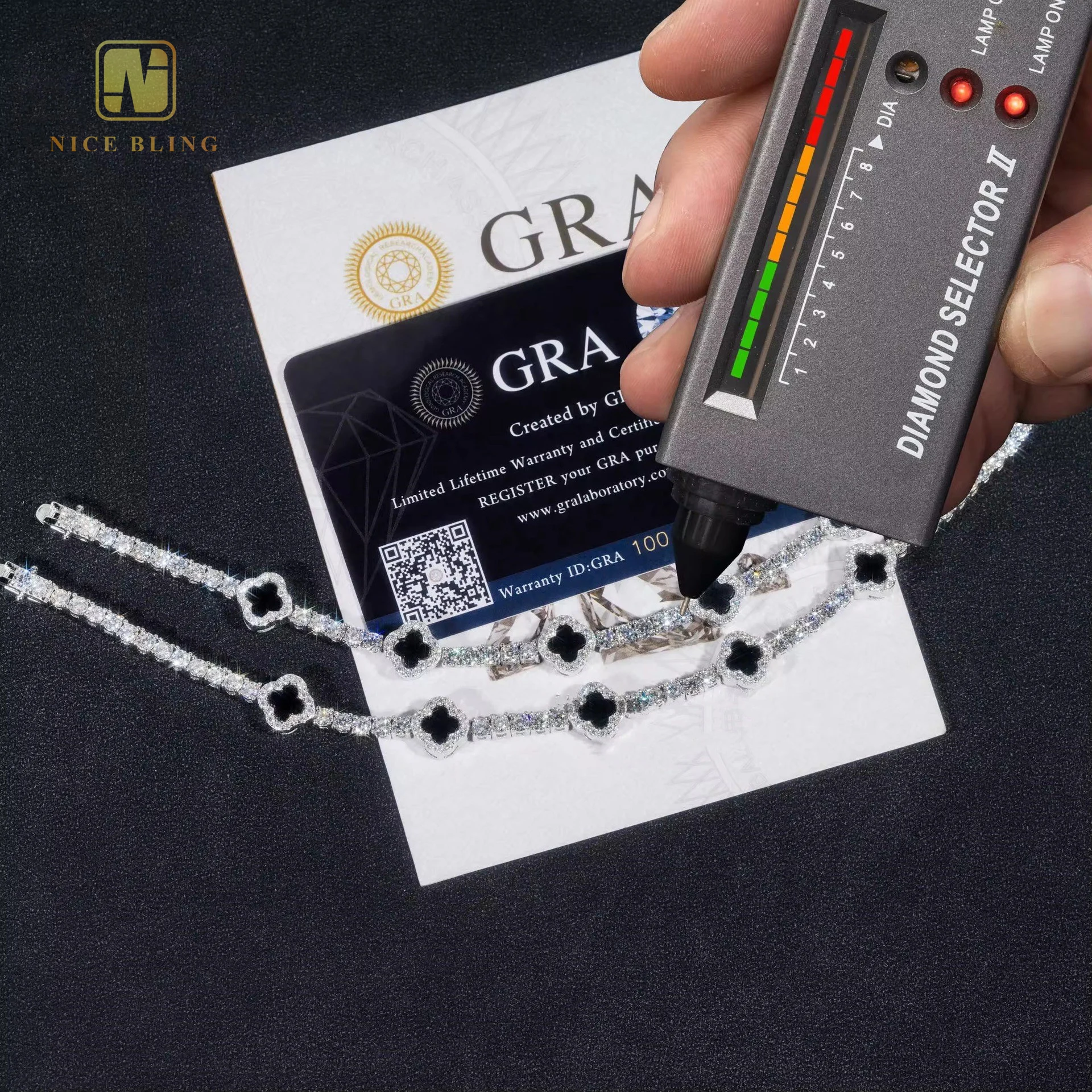 New Arrivals Jewelry 3mm  Iced Out Hip Hop Bracelet 925 Sterling Silver Black & White Moissanite Clover Tennis Bracelet necklace