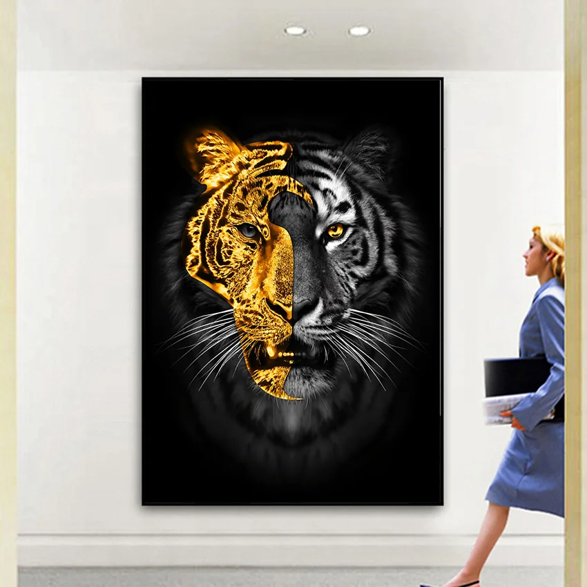 Print Animal Art Gold Black Tiger Painting Modern Poster Wall Picture Wall Art for Living Room Interior Home Decorate