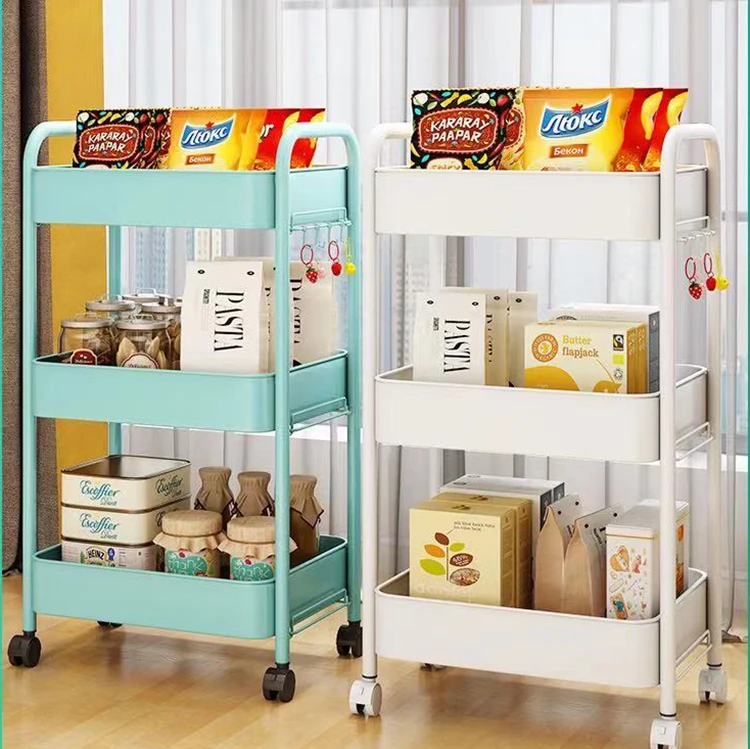 New household carbon steel three storey kitchen storage rack trolley cart organizer  foldable kitchen trolley with wheels
