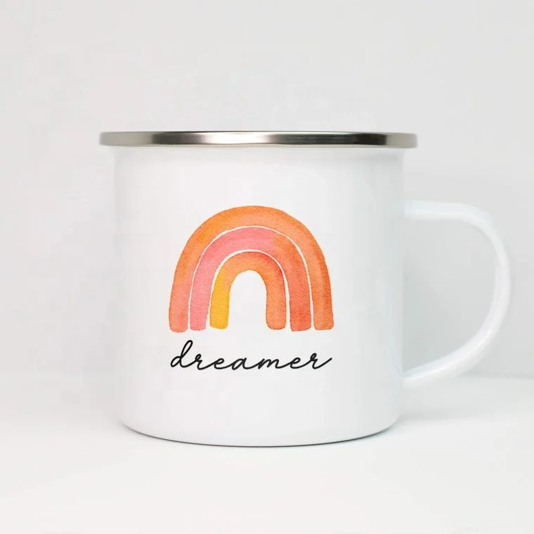 White Enamel Mug 12oz Coffee Cup Hiking Camping Mug 350ml Outdoor Enamel Mugs Custom Logo