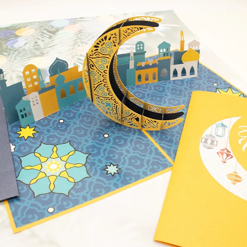 2023 Ramadan Eid Mubarak 3D Pop up Moon Greeting Cards with Envelope