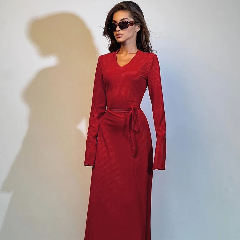 Hanrong Solid Maxi Dress Long Ribbed V-Neck Waist Belt 2023 Autumn For Women Clothing Trumpet Long Sleeves Elegant Dress
