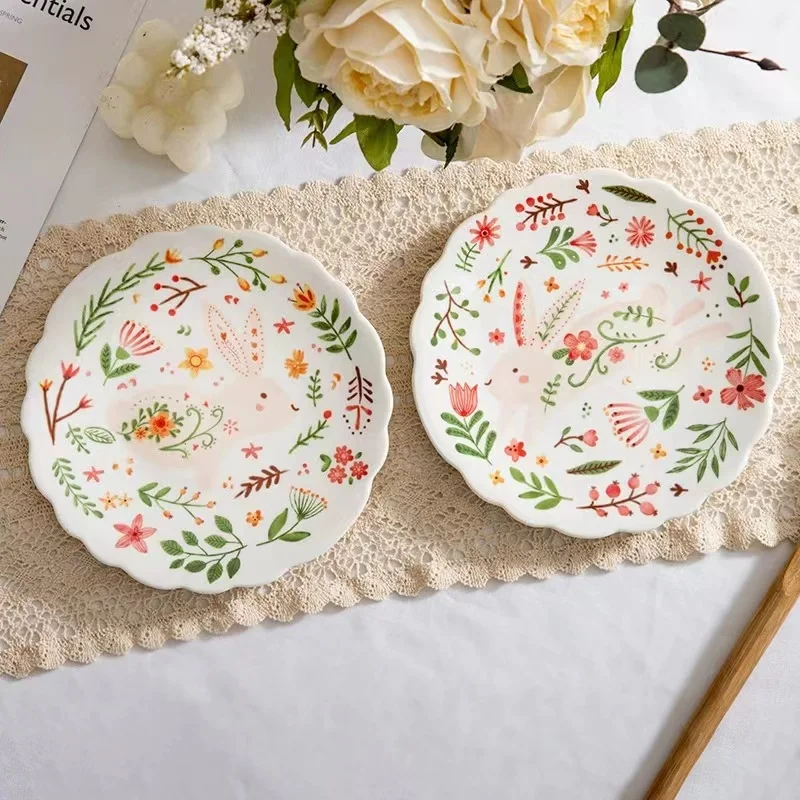 Printed flower rabbit pattern ceramic dished plates pastoral style breakfast dessert plate Easter Christmas gift