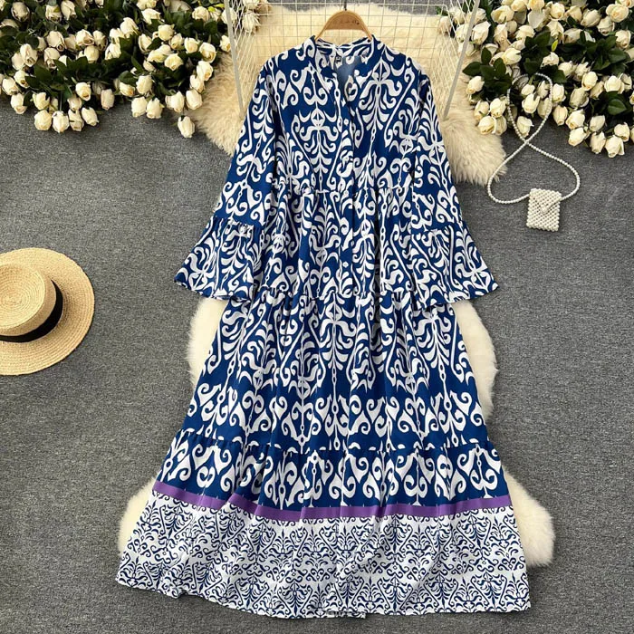 YM778  New 2024 Retro Chic Print Long Flare Sleeve European Summer Dress Women Dresses Clothing Wholesale 4