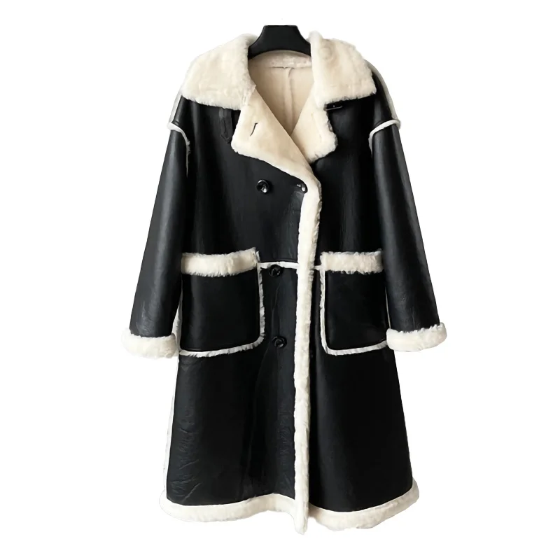 Winter Warm Fashion Long Sheepskin Fur Leather Jacket Genuine Shearling Coats Women