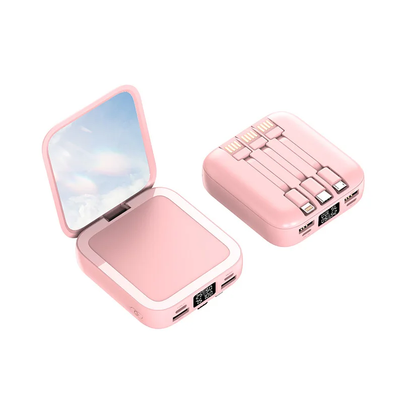 Пользовательский логотип квадратное зеркало для макияжа Powerbank популярное зарядное устройство многофункциональное с тремя зарядными кабелями