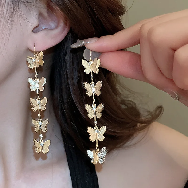 Fashion Diamond Butterfly Long Tassel Ear Hook Simple Elegant Gold Plated Personalized Earrings Jewelry For Women