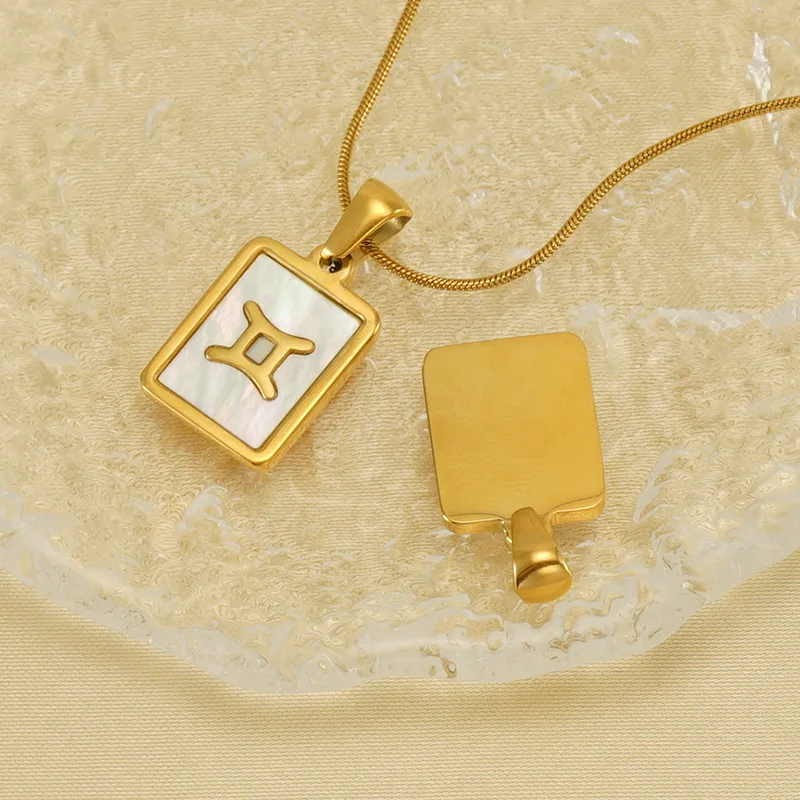 18K Gold Plated White Natural Shell Snake Chain Necklace Stainless Steel 12 Zodiac Pendant Horoscope Constellations Necklace