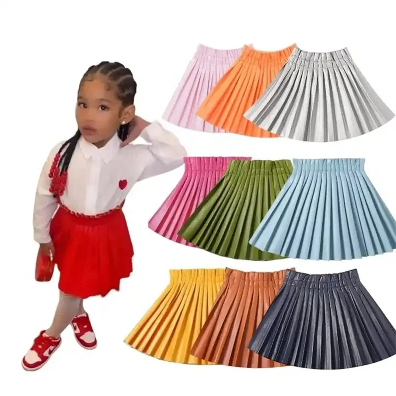 Ms-42 2023 Wholesale Child PU Pleated Leather Short Skirts Autumn Winter Mini Pleated Skirt for Baby Girls Kids