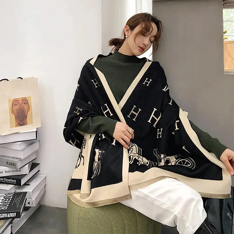 2024 Winter Latest Fashion Style Women Pashmina Cashmere Horse Scarf Warm Jacquard Thick Shawl Scarfs