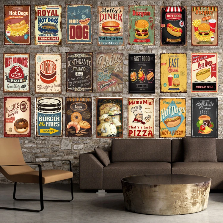 food club pub bar wall decoration retro hot dogs metal plate pizza tin sign vintage burger metal poster