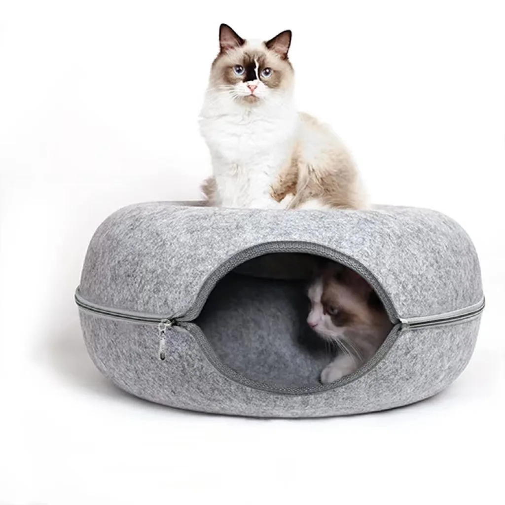 Wholesale Donut Shaped Cat Cave Hard Felt Cat Donut Tunnel Bed Factory Bag Cat Nest