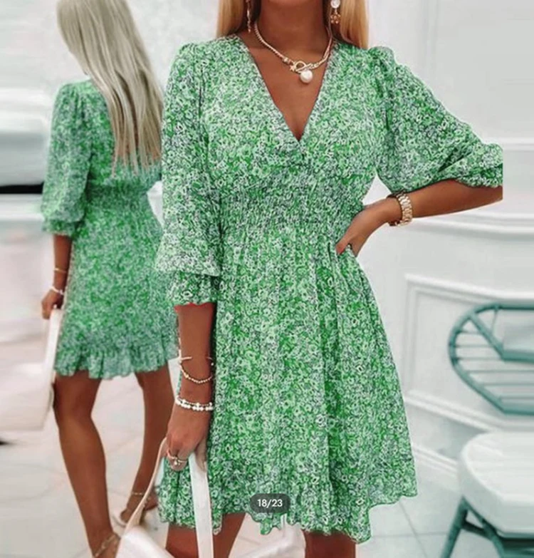 V neck Knee-Length Floral Print Short Sleeve Puff Sleeve Mid-Rise Floral Chiffon Women Sundresses