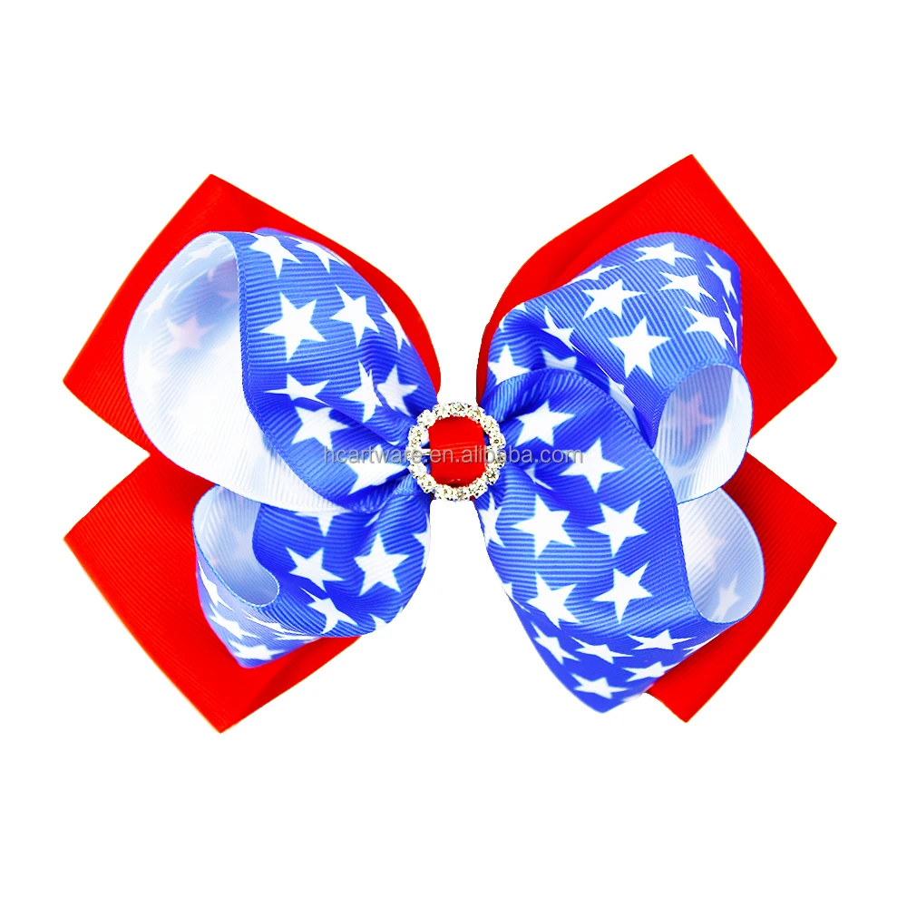 New Hot Sale 6-Inch Double Ribbon Hair Bow July 4 Independence Day Bow Hairpin For Girls With Premium Rhinestones