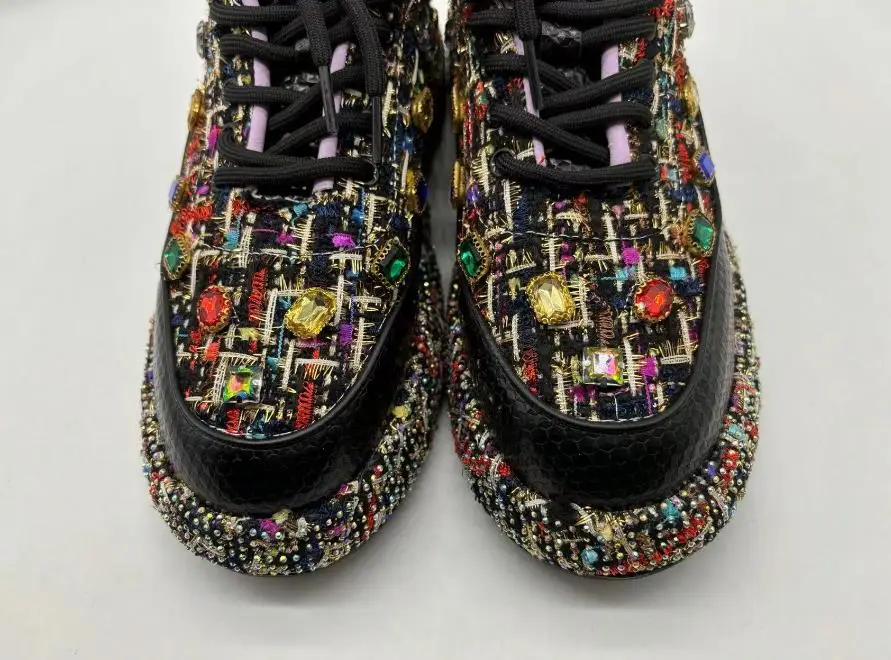 2024 new luxury ladies sequins trainers bling colorful board shoes flower rhinestones casual clunky sneakers for women