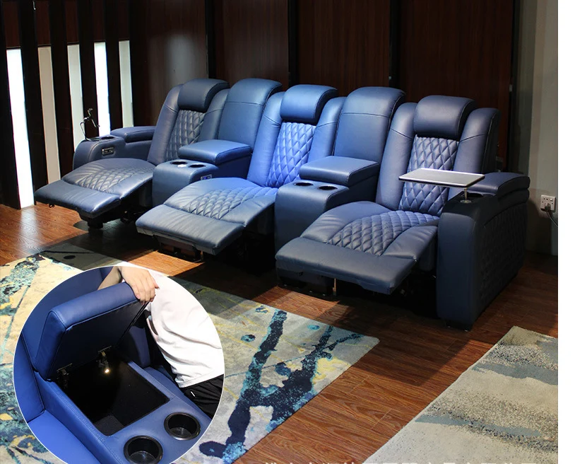 Dual Motor Blue Leather Home Cinema Chairs Sofas Electric Adjustable Lounge Chairs Theater Massage Seating Sofa