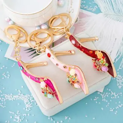 hot Rhinestone Metal Zinc Alloy Women High Heel Crydtsl 3d flip flop Shoes Keychain