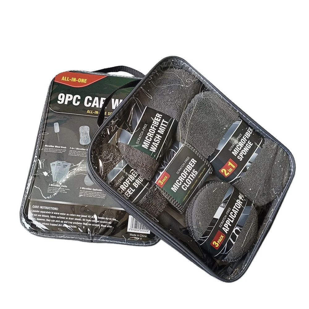 9 PCS Microfiber Car Detailing Kit Auto Wash Gloves Cloth Waxing Tray Sponge Wheel Brushes Wipe Car Washing Towel Kit