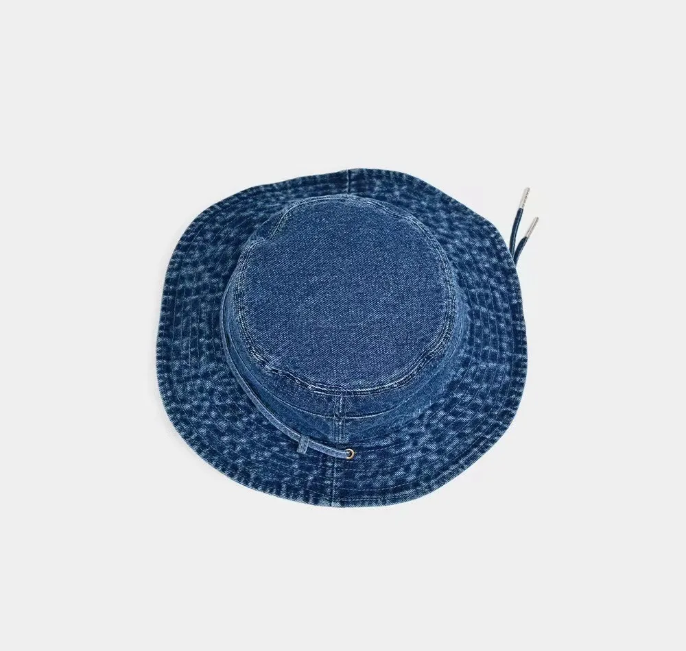Packable Outdoor Travel Sun Hats Wide Brim Outlet Washed Cotton Blue Jeans Denim Bucket Hat with String