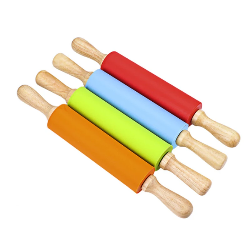 Children Design Silicone Rubber Rolling Pin For Kids With Non-Stick Surface And Comfortable Wood Handles