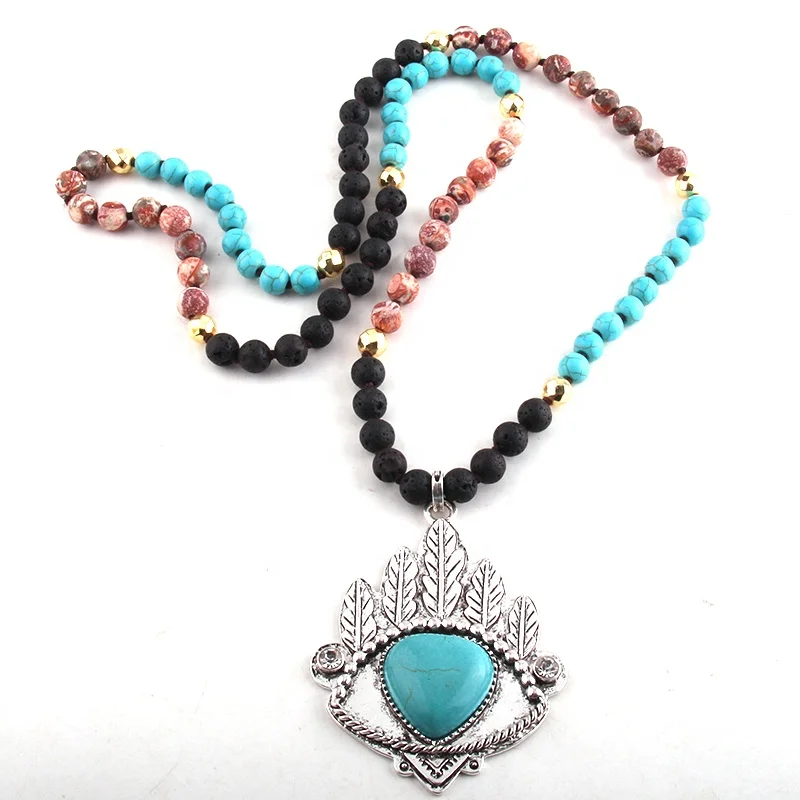 Religious Jewelry Turquoise Natural Stone Crystal Glass Necklace Alloy Stone Cross Pendant Necklace Western Jewelry
