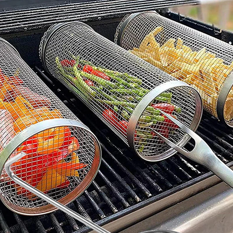 2023 New Bbq Net Tube Barbecue Grill Basket Stainless Steel 304 Portable Rolling Grilling Basket