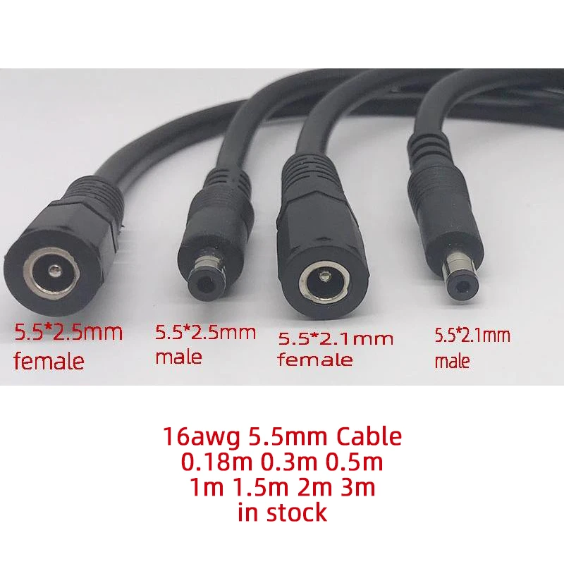 Custom DC 5.5*2.1mm 5.5*2.5mm Male Female to open End Stripped Wire DC Pigtail Cable DC5521 DC5525 DC power extension cable