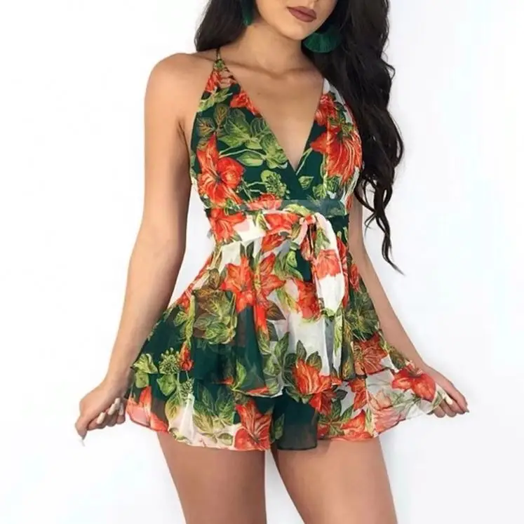 
2021 Wholesale sexy Beachwear Women One Piece Floral Rompers Jumpsuit African clothing 