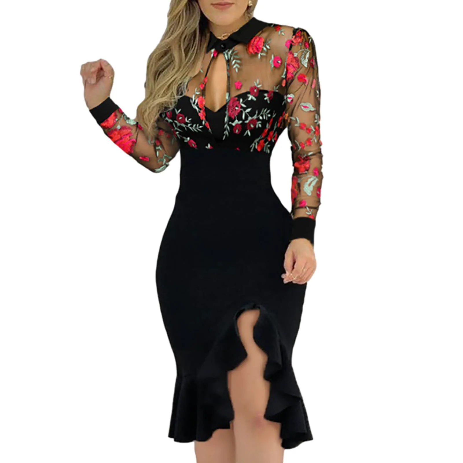 Magicmk Women Slit Ruffles Hem Floral Pattern Slimming Lace Mesh Hollow Out Sexy V-Neck Printed Elegent Long Sleeve Dress