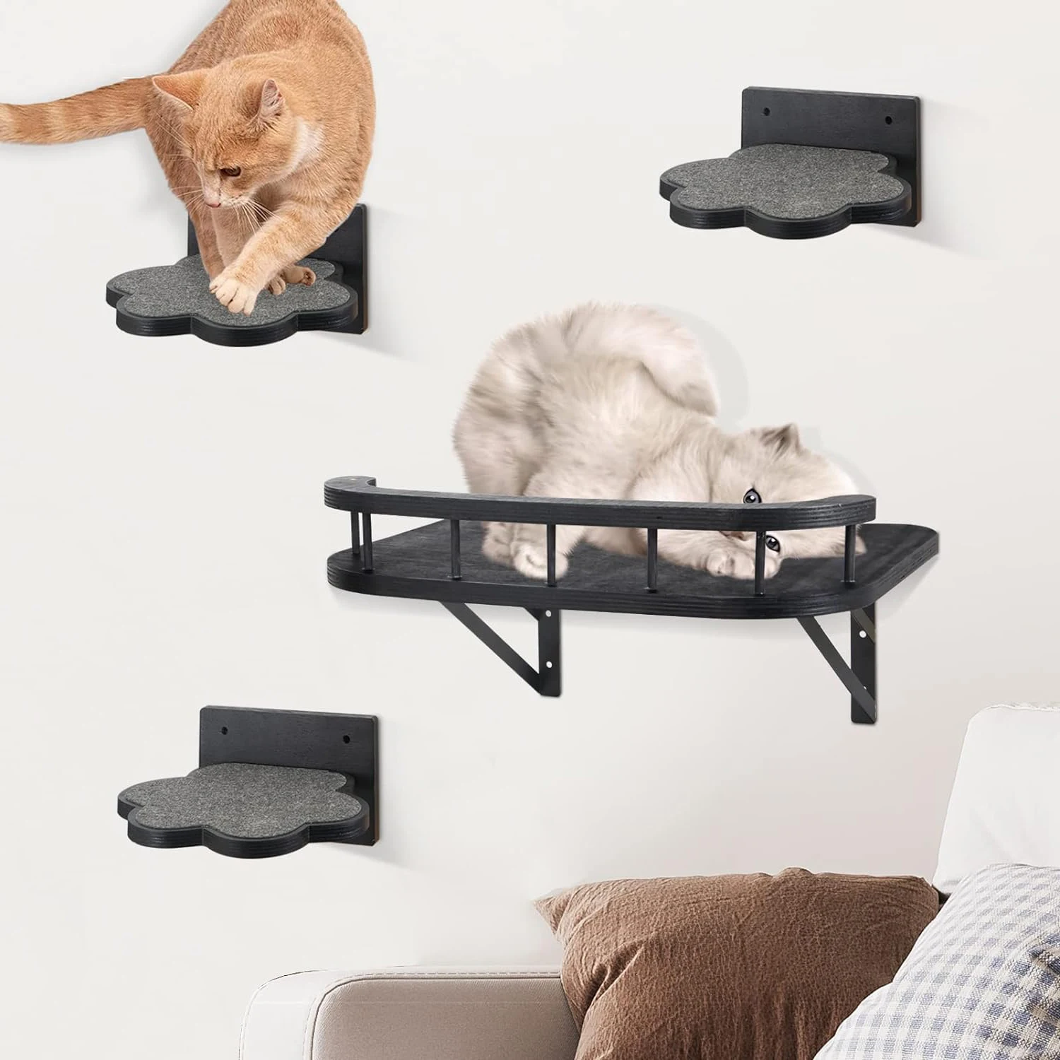 Cat Hammock Cat Wall Furniture with Cooling Mat and Plush Cushion and 3 Wall Steps Cat Climbing Shelf