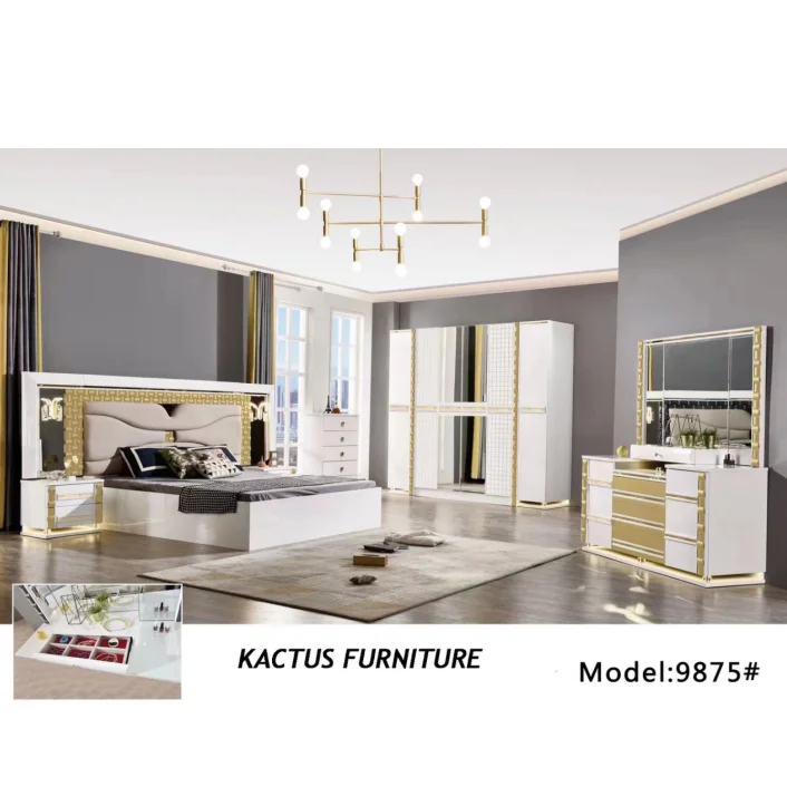 Элегантные Золотые спальные комплекты большого размера современный дизайн Роскошная светодиодная подсветка ярко-глянцевый белый комплект мебели для спальни