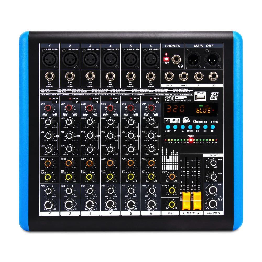 Professional 6 Channel Audio Mixer with USB Bluetooth DSP Effects DJ Controller/Audio Console Mixer for Studio Stage Recording