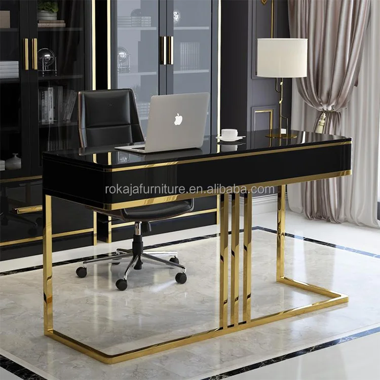 Minimalist Design Office Desk White Lacquer Ready Made Computer Desk With Drawers Office Home Furniture Shiny Titanium Desk