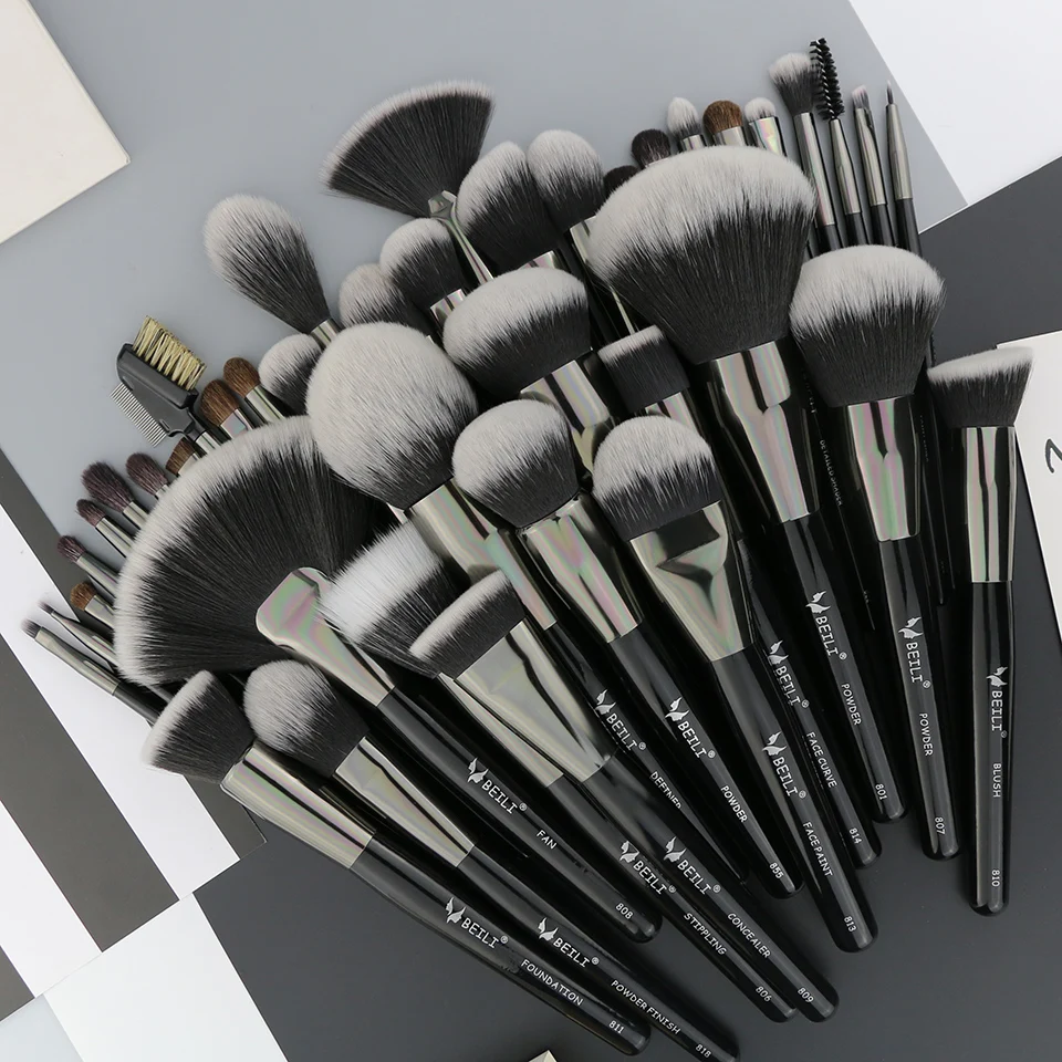 BEILI Black Shiny Wood Handle Pony Goat Synthetic Hair 40Pcs Makeup Brushes Set Concealer Blush Brush Private Label Brochas