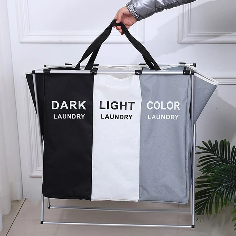 Laundry Basket 3 compartments Hamper Clothes Bin Organiser Folding Light Dark Colour 3 Section
