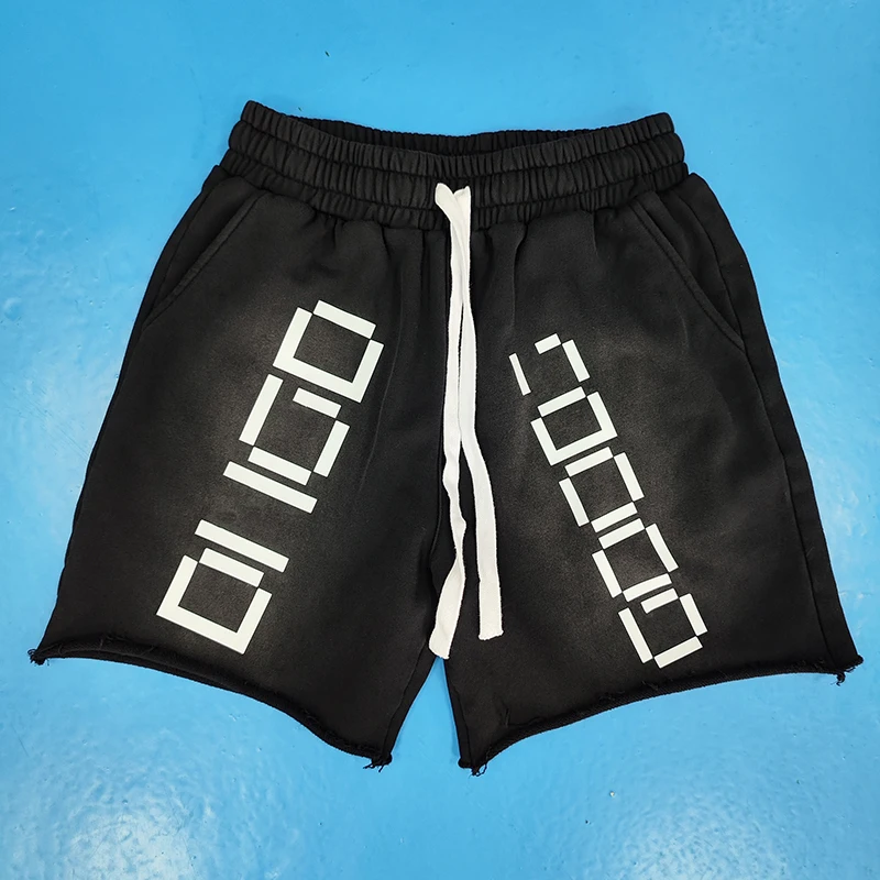 custom french terry cotton drawstring distressed silica print vintage wash shorts