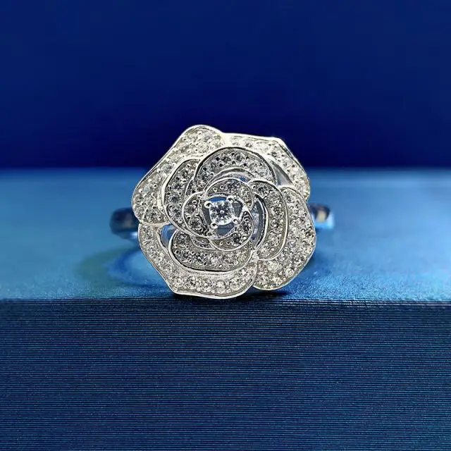 925 Sterling Silver Perfect Rose Flower Ring CZ Cubic Zirconia Camellia Rose Ring for Women