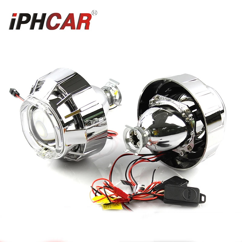 IPHCAR square hid projector lens dual led angel eyes hid projector lens kit Xenon Lights H7