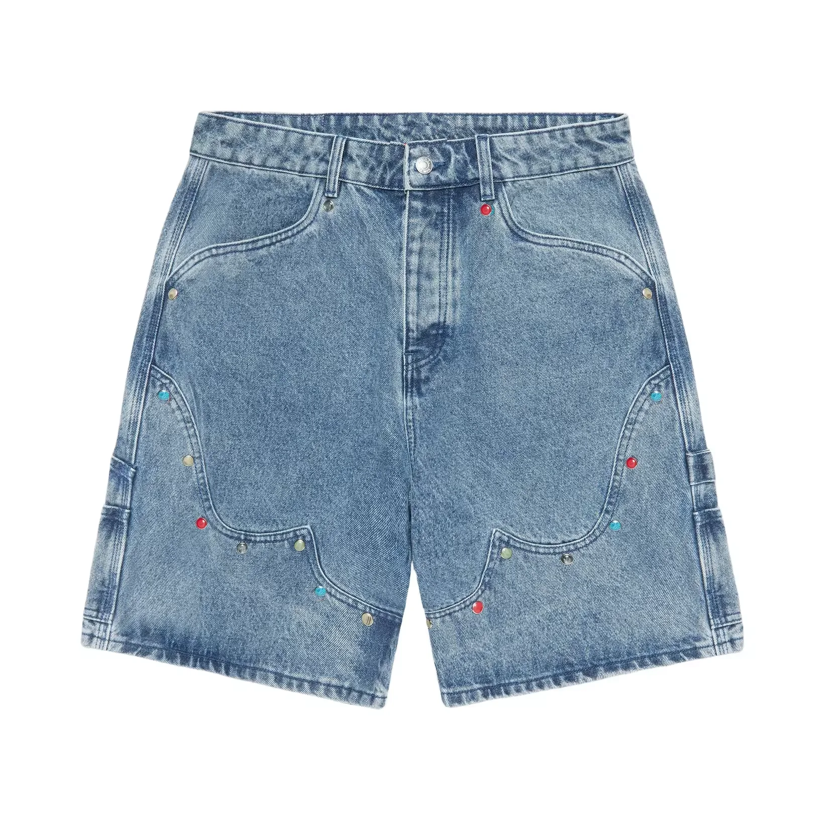 Indigo Heavyweight Acrylic Stone Rivets High Designer Carpenter Denim Shorts OEM Service Embroidery Summer Custom Men Jorts