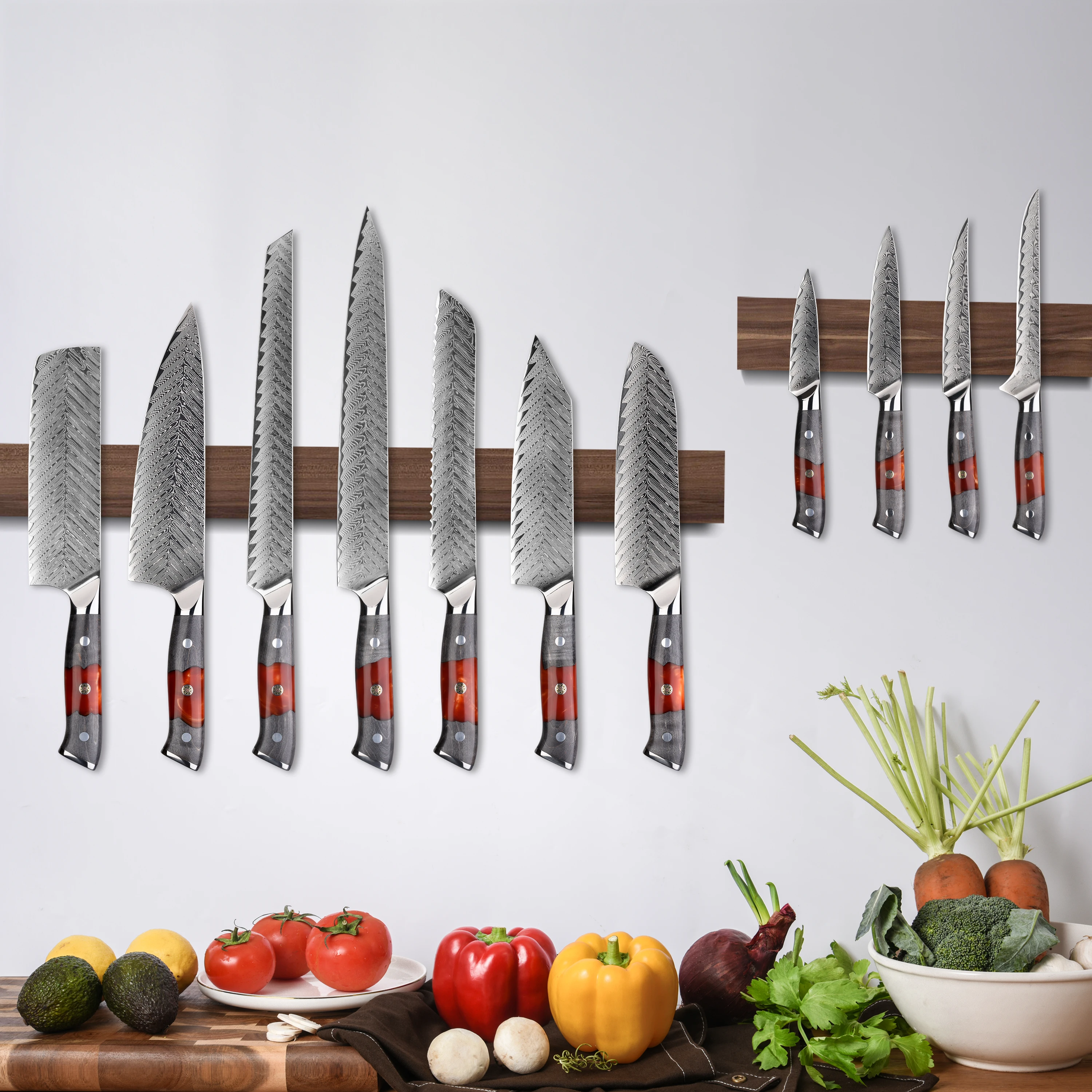 11 pcs high quality damascus steel kitchen knife set with red resin stabilized wood handle