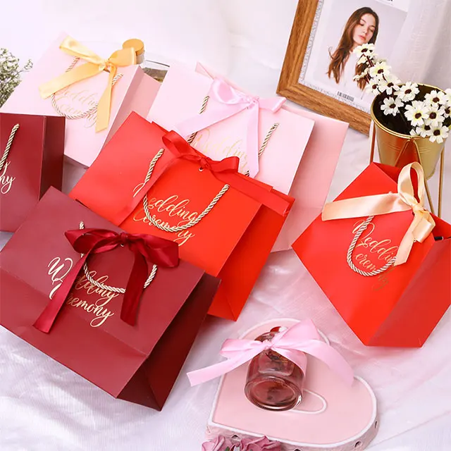 Candy Color Gift Paper Bags Solid Shopping Bag with Handle and Ribbon Wedding Party Favors Festival Big & Small Gift Bags 10pcs