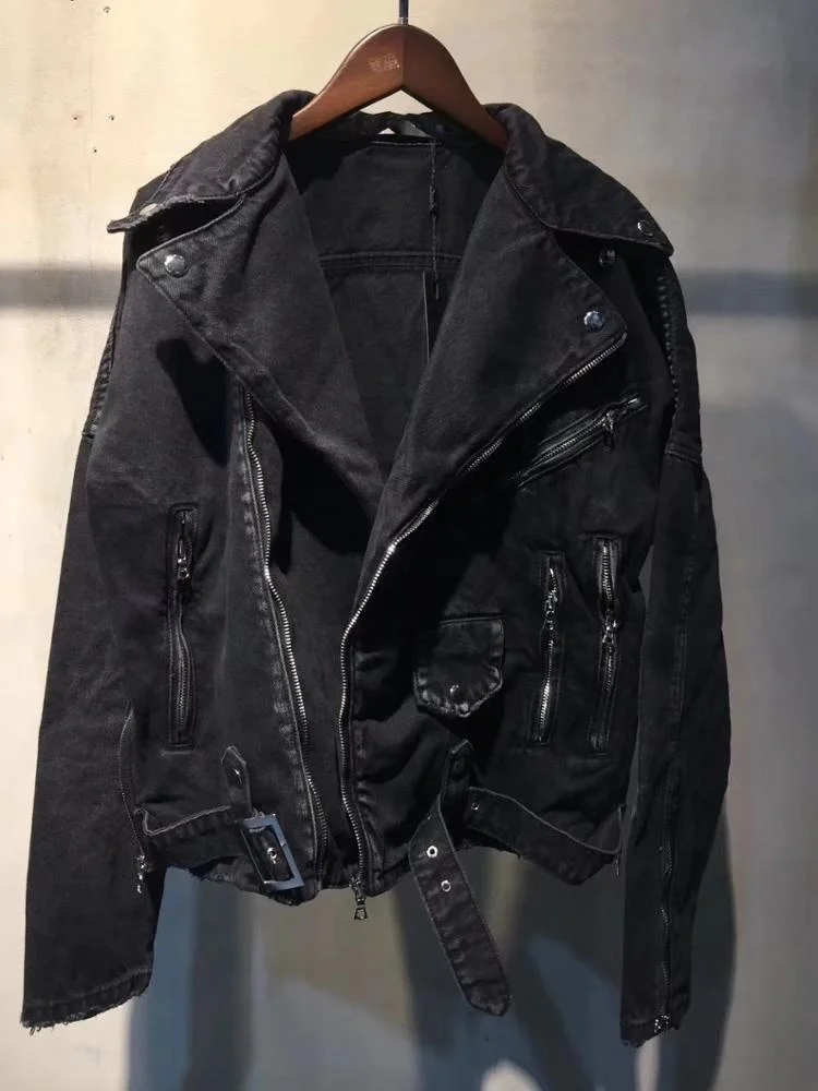 OEM private label men custom stock dropshipping  black biker distressed mens denim jacket