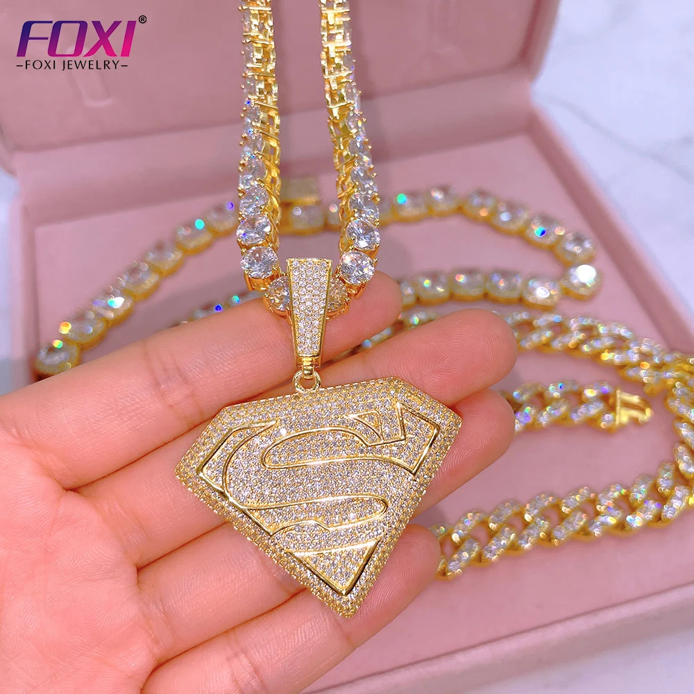 Fashion Hot Sale Hip Hop Superman Pendant Gold Plated Men Full Moissanite Stone Sterling Silver Conspicuous Pendant For Necklace