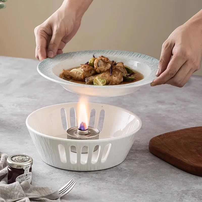 Hotel Restaurant New Creative Porcelain Candle Heating Tableware Plate Kitchenware Ceramic Furnace Insulation Dish Plate