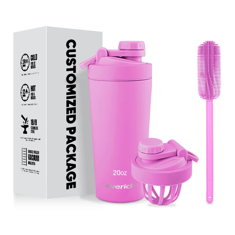 2024 New Design 600ml Pink Gym Double Wall Vacuum Insulated Stainless Steel Fitness Protein Shaker Bottles