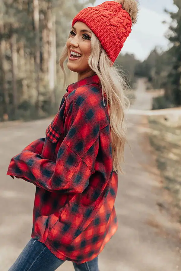 Women Red Plaid Polyester Cotton Flannel Shirt Flap Pocket Casual Drop Shoulder Shirt Jacket
